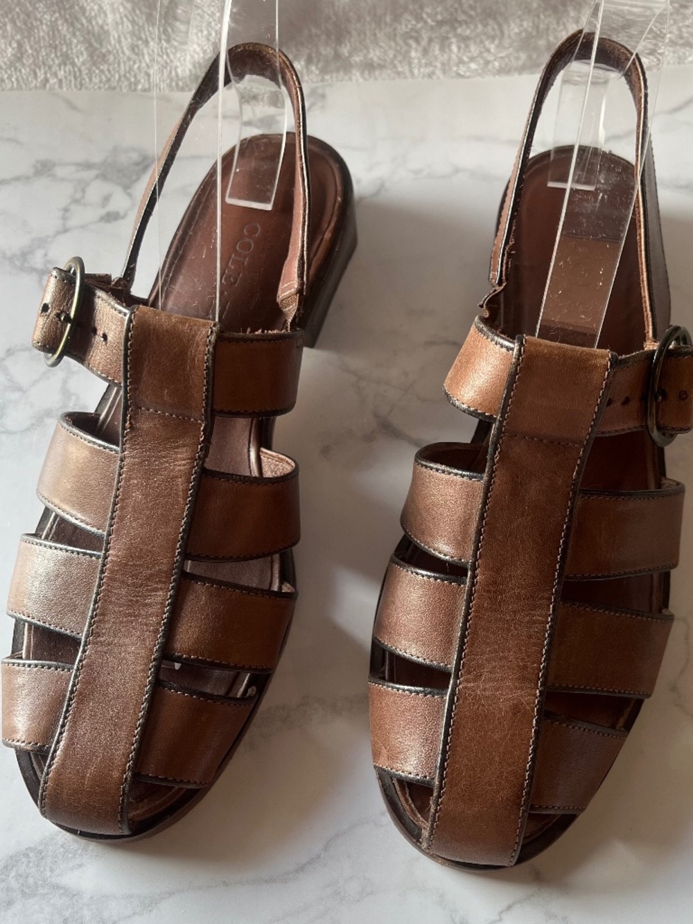Cole Haan Fisherman Woven Brown Leather Sandals Caged Buckle Brazil 6.5 B